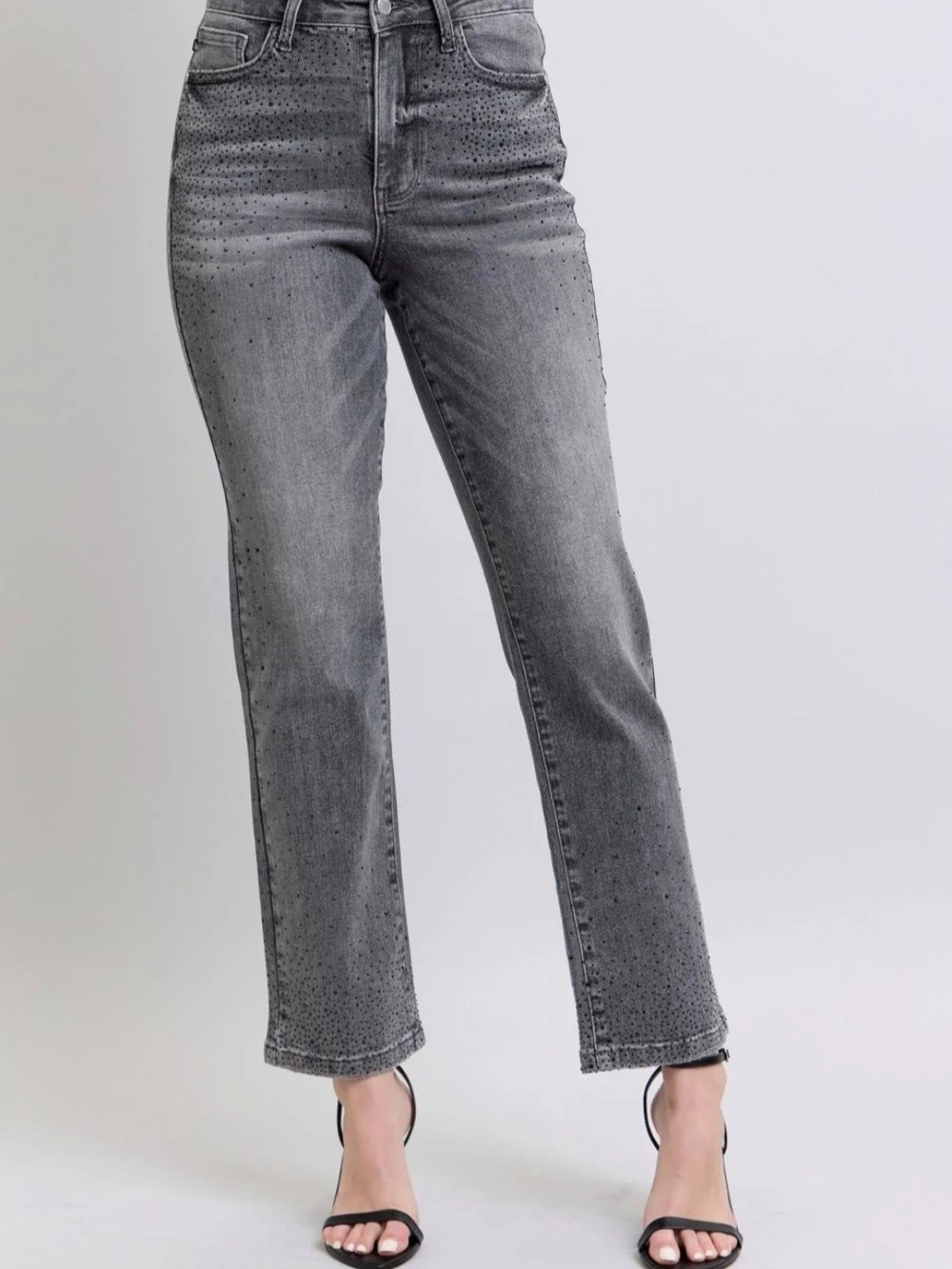Judy Blue High-Rise Straight Jeans in Washed Gray with Subtle Stud Detail